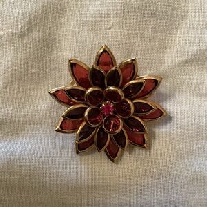 Avon Gold and Deep Red Floral  Brooch
